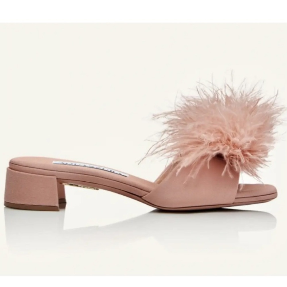 NEW NIB AQUAZZURA Boudoir 30mm Feather-trim Sandals In Rosa 37.5 - Picture 3 of 7